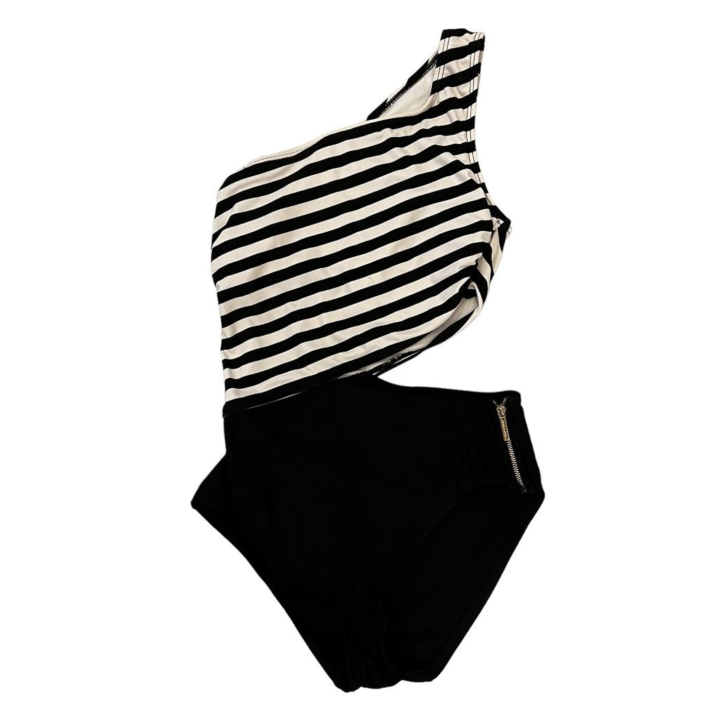 Michael Kors Black & White Stripe One-Shoulder Cut-Out One-Piece Swimsui… - Picture 3 of 12